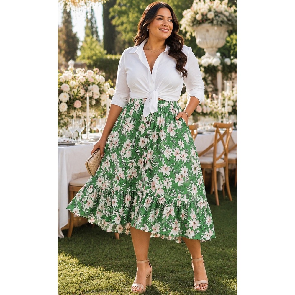 Pari Passu Tropical Tiered Floral Midi Skirt Plus 18 Designer Luxury Vacation